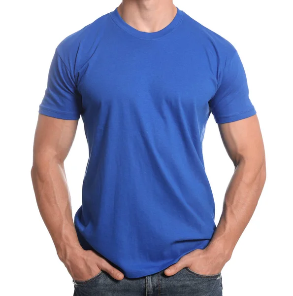 Man Wearing Blue Shirt White Background Closeup Mockup Design — Foto Stock