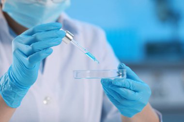 Scientist dripping liquid from pipette into petri dish in laboratory, closeup