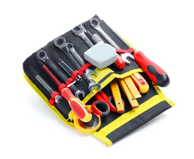 Bag with different tools isolated on white