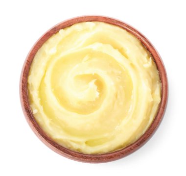 Bowl of tasty mashed potato isolated on white, top view