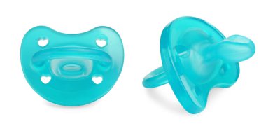 Light blue baby pacifier on white background, views from different sides