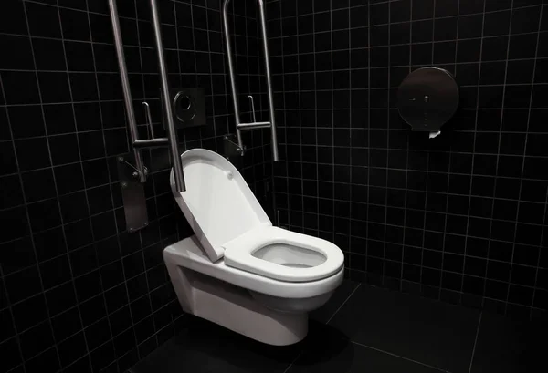 Clean Ceramic Toilet Bowl Handrails Tiled Wall Indoors — ストック写真