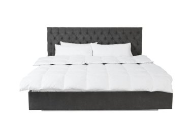 Elegant cozy bed with headboard, blanket and pillows on white background