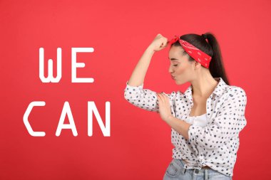 8 March greeting card. Phrase We Can and strong young woman as symbol of girl power on red background