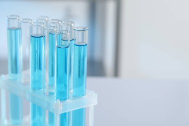 Test tubes with light blue liquid in laboratory, closeup. Space for text