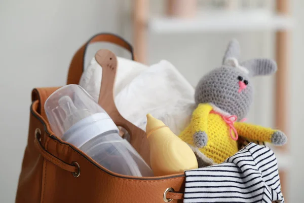 Mother Bag Baby Stuff Indoors Closeup — 스톡 사진