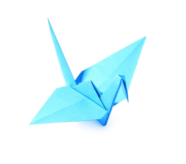 Origami Kunst Blauwe Handgemaakte Papieren Kraan Geïsoleerd Wit Bovenaanzicht — Stockfoto