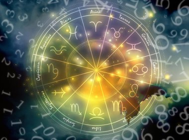 Numerology. Many numbers and zodiac wheel against sky