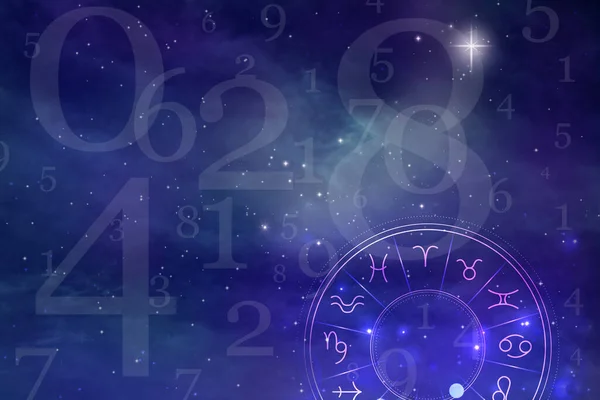Numerology. Many numbers and zodiac wheel against sky