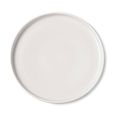 Empty beige ceramic plate isolated on white, top view