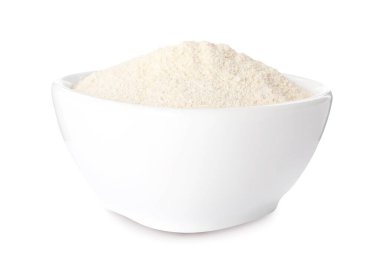 Bowl with quinoa flour on white background