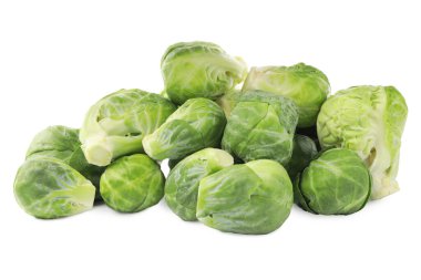 Heap of fresh green brussels sprouts on white background