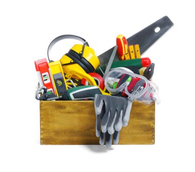 Wooden box with different tools isolated on white