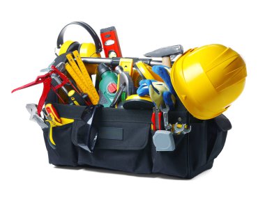 Many different tools in box isolated on white