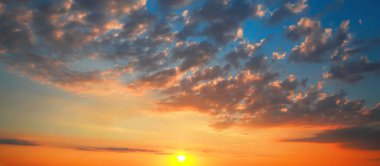 Beautiful panorama of sky with clouds at sunset. Banner design
