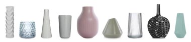 Set of different stylish vases on white background