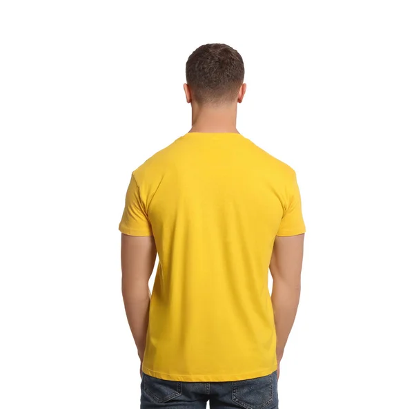 Uomo Con Shirt Gialla Sfondo Bianco Vista Posteriore Mockup Design — Foto Stock