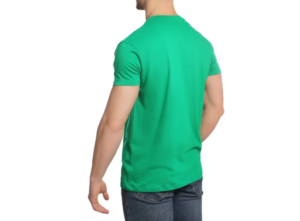 Uomo Con Una Maglietta Verde Sfondo Bianco Primo Piano Mockup — Foto Stock