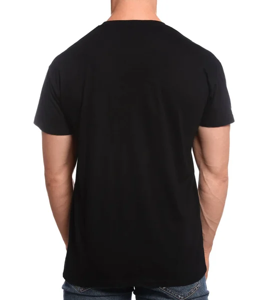Man Wearing Black Shirt White Background Back View Mockup Design — Foto Stock