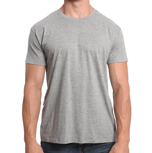 Man Wearing Grey Shirt White Background Closeup Mockup Design — Foto Stock