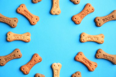Frame with bone shaped dog cookies on light blue background, flat lay. Space for text