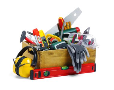 Wooden box with different tools isolated on white