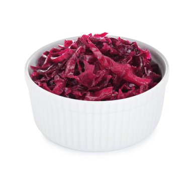 Bowl of tasty red cabbage sauerkraut isolated on white