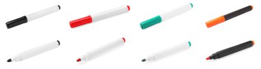Collage of different bright colorful markers on white background