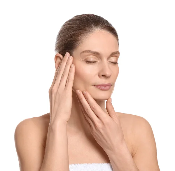 Woman Massaging Her Face White Background — Fotografia de Stock