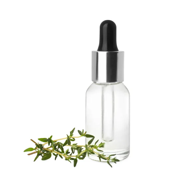 Bottle Thyme Essential Oil Fresh Green Sprigs White Background — Stock fotografie