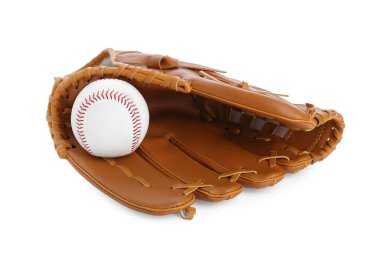 Leather baseball glove with ball on white background