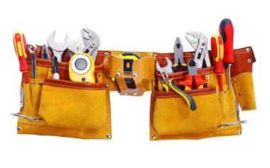 Belt with different tools isolated on white, top view
