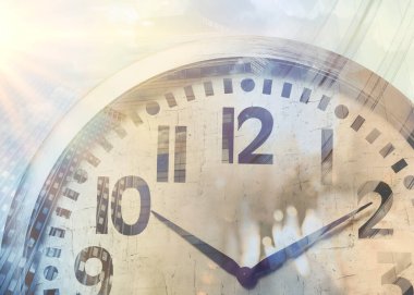 Time related concepts. Multiple exposure of clock, office buildings and people