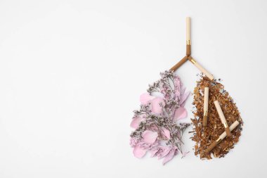 No smoking concept. Lungs made of dry tobacco, cigarettes and flowers on white background, flat lay with space for text