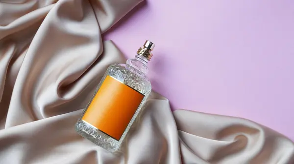 Luxuriöse Flasche Parfüm Und Beige Seide Auf Rosa Hintergrund Draufsicht — Stockfoto