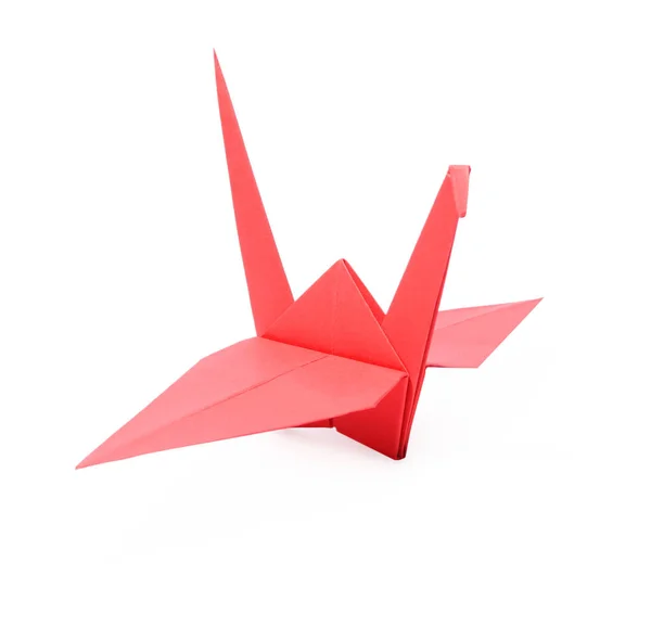 Origami Kunst Prachtige Rode Papieren Kraan Geïsoleerd Wit — Stockfoto