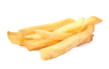 Delicious fresh french fries on white background