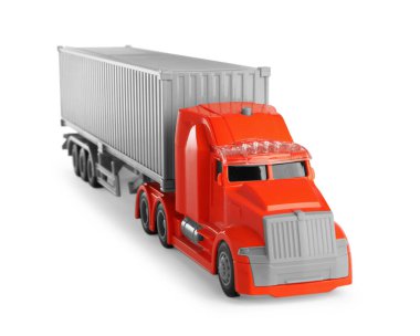 Toy truck with container isolated on white. Export concept