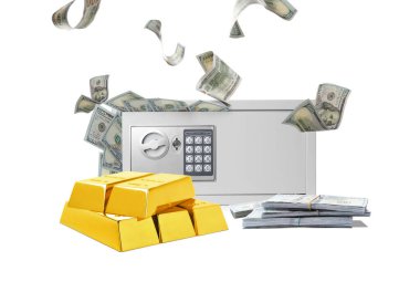 Closed steel safe with money and gold bars on white background