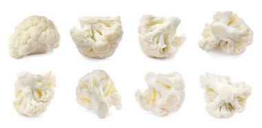 Collage of fresh raw cauliflower florets on white background