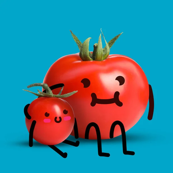 Creative artwork. Parent and child tomatoes hugging on light blue background. Objects with drawings on light blue background