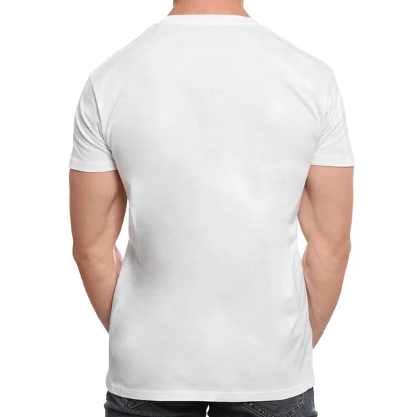 Uomo Che Indossa Maglietta Bianca Sfondo Bianco Vista Posteriore Mockup — Foto Stock