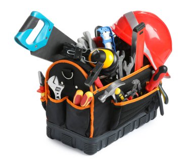 Bag with different tools isolated on white