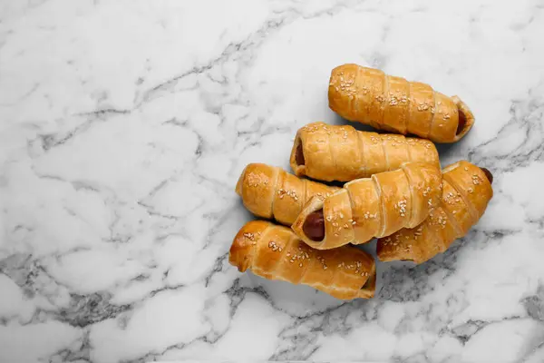 Delicious Sausage Rolls White Marble Table Flat Lay Space Text — Photo
