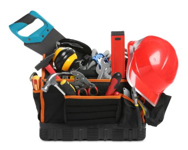 Bag with different tools isolated on white