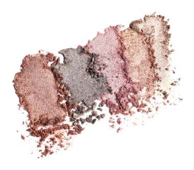 Crushed eye shadows on white background, top view. Professional makeup product