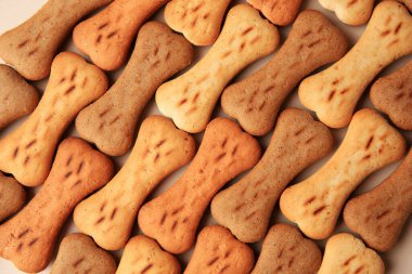 Bone shaped dog cookies as background, top view