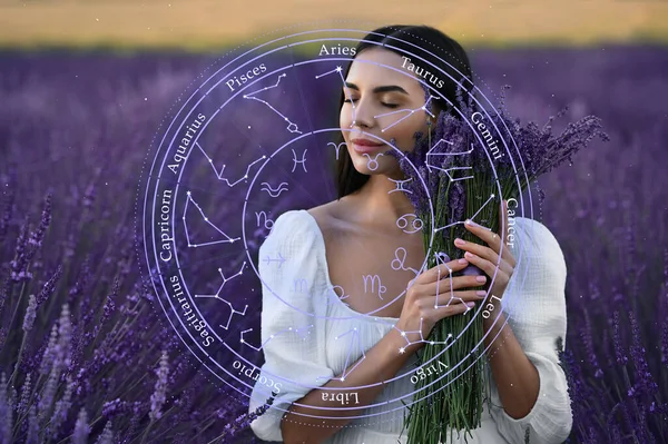 Beautiful young woman in lavender field and zodiac wheel illustration
