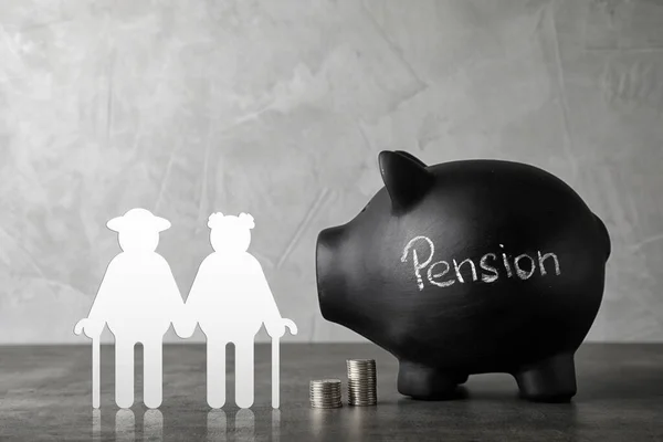 Pension Concept Elderly Couple Illustration Coins Piggybank Grey Table — Stock Photo, Image