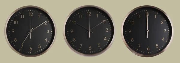 Horloge Élégante Montrant Heure Différente Sur Fond Couleur Conception Collage — Photo